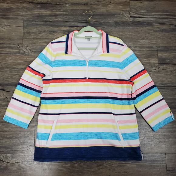 T by Talbots Striped Quarter Zip Pullover Sz XL Coastal Grandmother Preppy - Picture 2 of 9